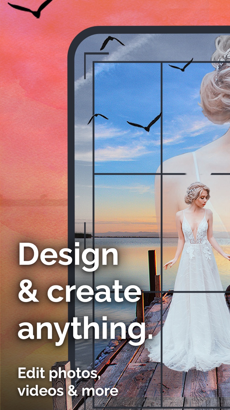piZap editor composing a bridal photo over a sunset dock, titled Design and create anything
